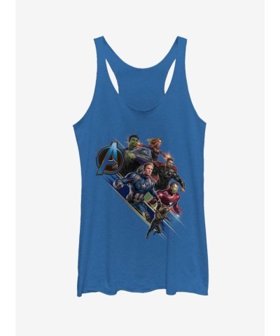 Marvel Avengers: Endgame Royal Blue Heathered Tank Top for Girls Featuring Angled Shot of Heroes