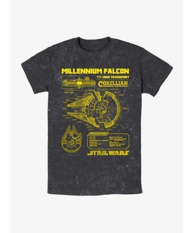 Star Wars Millennium Falcon Diagram Mineral Wash T-Shirt - Unisex Black
