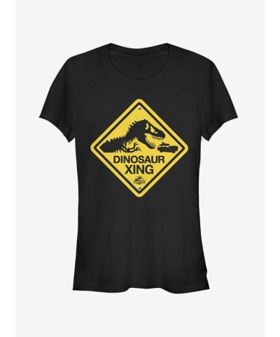 Dinosaur Crossing Sign Tee for Girls - Black
