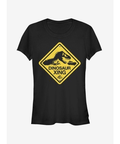 Dinosaur Crossing Sign Tee for Girls - Black