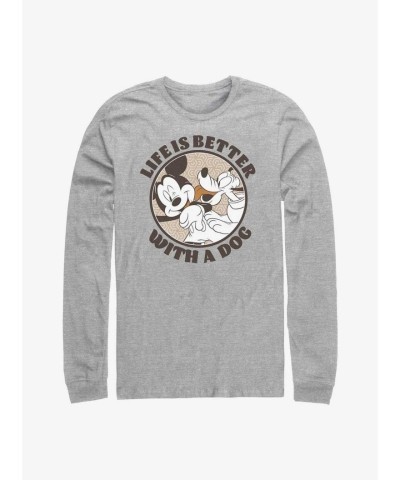 Disney Grey Long-Sleeve T-Shirt for Men Featuring Mickey Mouse Dog Character