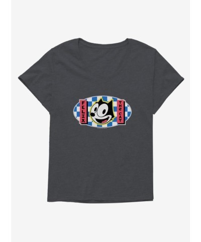Felix Cat Blue Checkered Graphic Plus Size T-Shirt for Girls