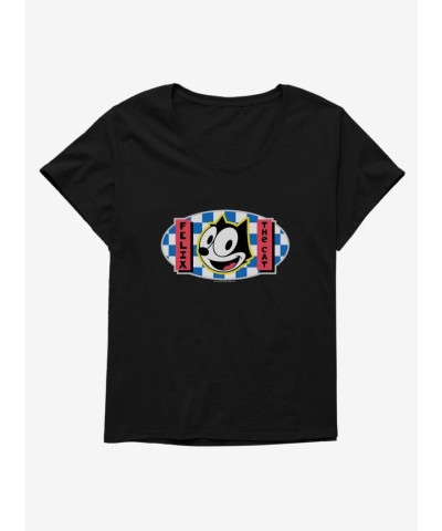 Felix Cat Blue Checkered Graphic Plus Size T-Shirt for Girls