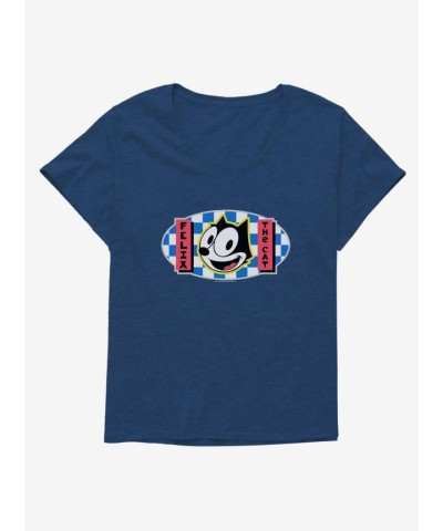Felix Cat Blue Checkered Graphic Plus Size T-Shirt for Girls